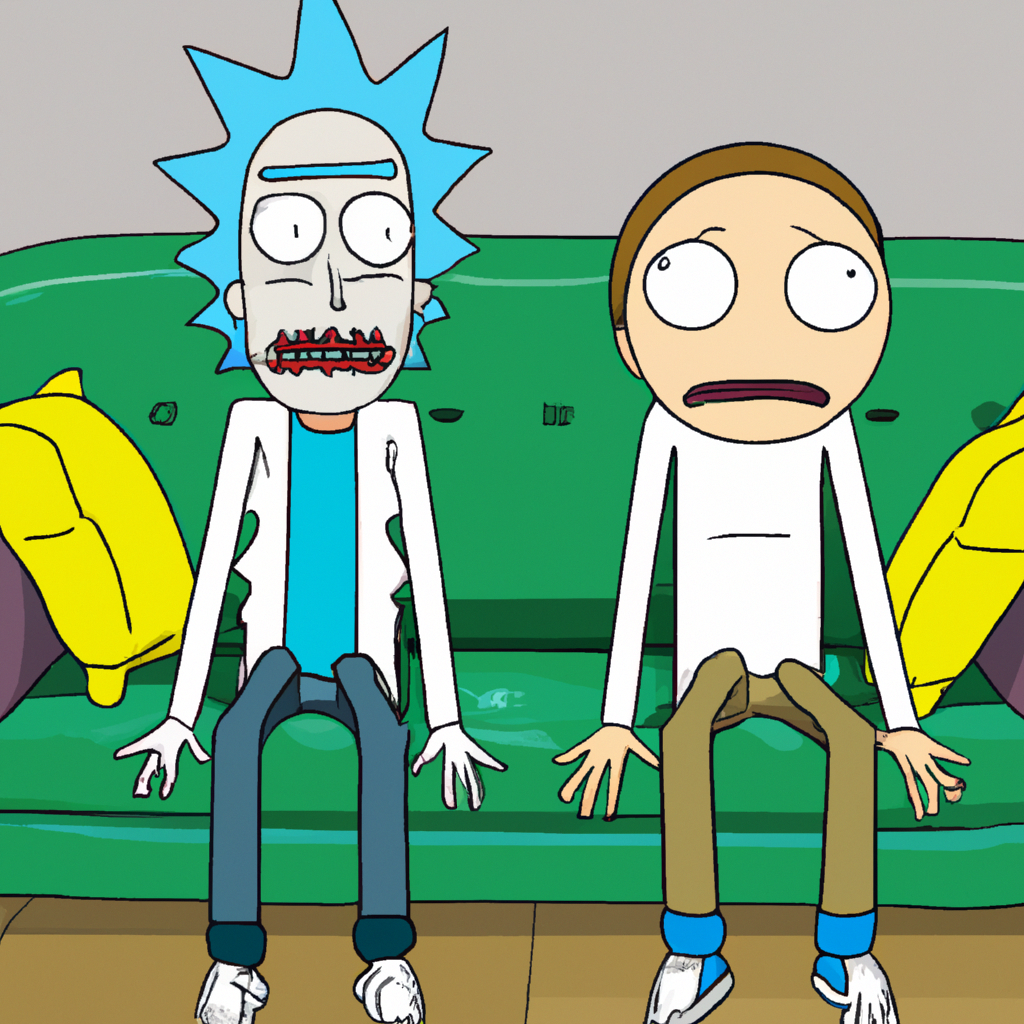 Rick and Morty sitting on a couch, looking frustrated